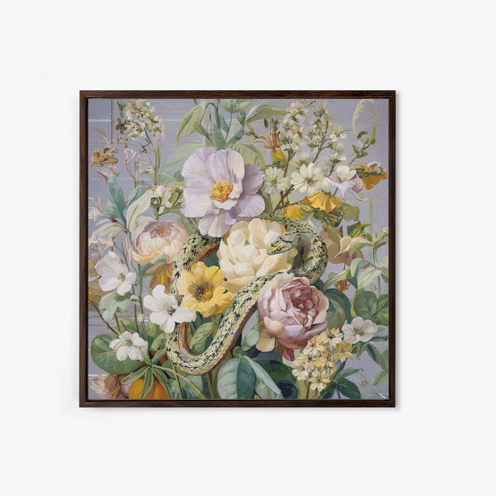 Highly Patterned Snake and Flower Composition Framed Canvas Print, Maximalist Art, Boho Decor, Living Room Decor, Maximal, MAX-1x1-61