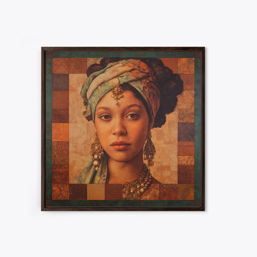 Ornate Portrait with Layered Textiles and Jewels Canvas Print, Maximalist Art, Retro Wall Art, Living Room Decor, Oil Painting, MAX-1x1-76