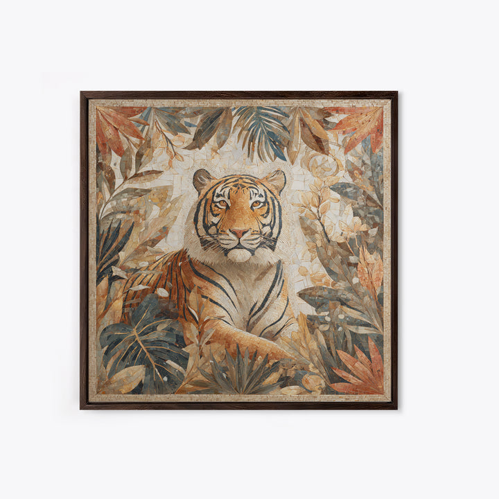 Bold Patterned Tiger Surrounded by Tropical Leaves Canvas Print, Maximalist Art, Textured Painting, Living Room Decor, Maximal, MAX-1x1-98