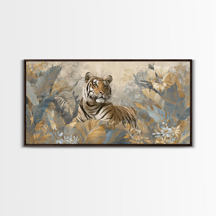 Bold Patterned Tiger Surrounded by Tropical Leaves Canvas Print, Maximalist Art, Textured Painting, Living Room Decor, Maximal, MAX-2x1-22
