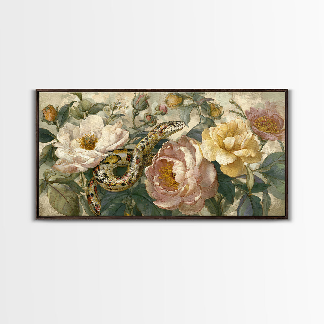 Highly Patterned Snake and Flower Composition Canvas Print, Maximalist Art, Living Room Decor, Maximal, Retro Wall Art, MAX-2x1-33