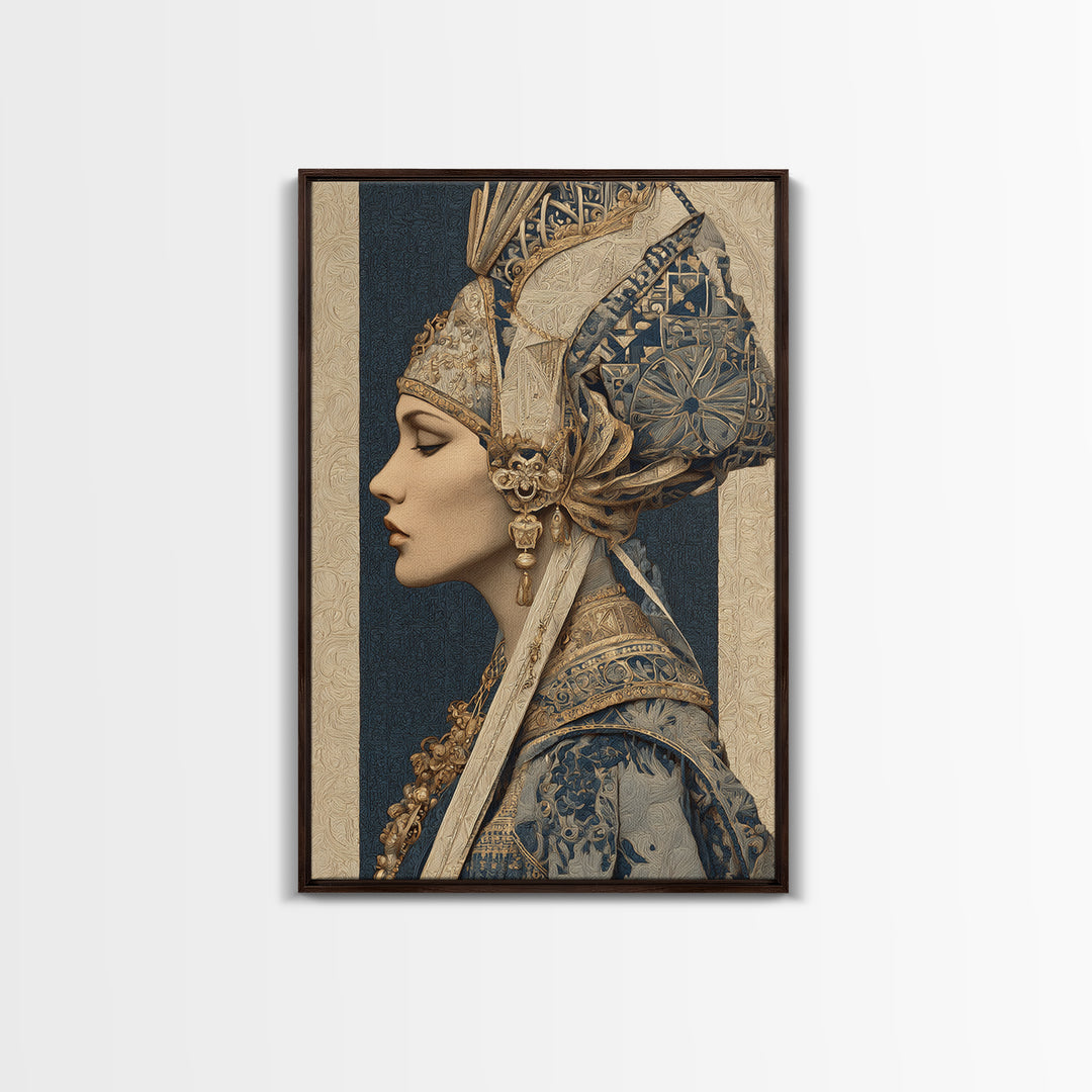 Ornate Portrait with Layered Textiles and Jewels Canvas Print, Maximalist Art, Printable Wall Art, Living Room Decor, Maximal, MAX-2x3-12