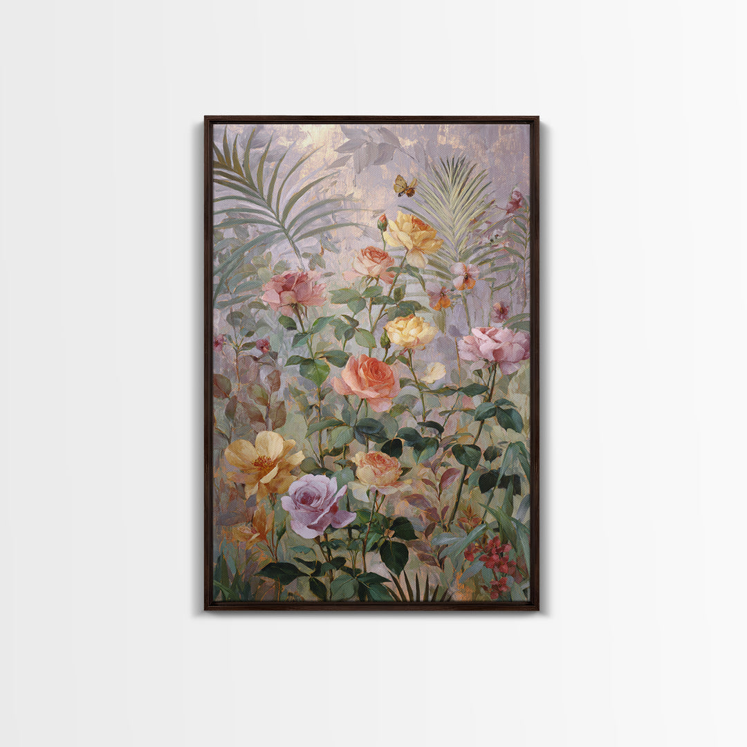 Lush Garden Wall of Roses Palms and Framed Canvas Print, Maximalist Art, Wall Decor, Living Room Decor, Fine Art, Maximal, MAX-2x3-46