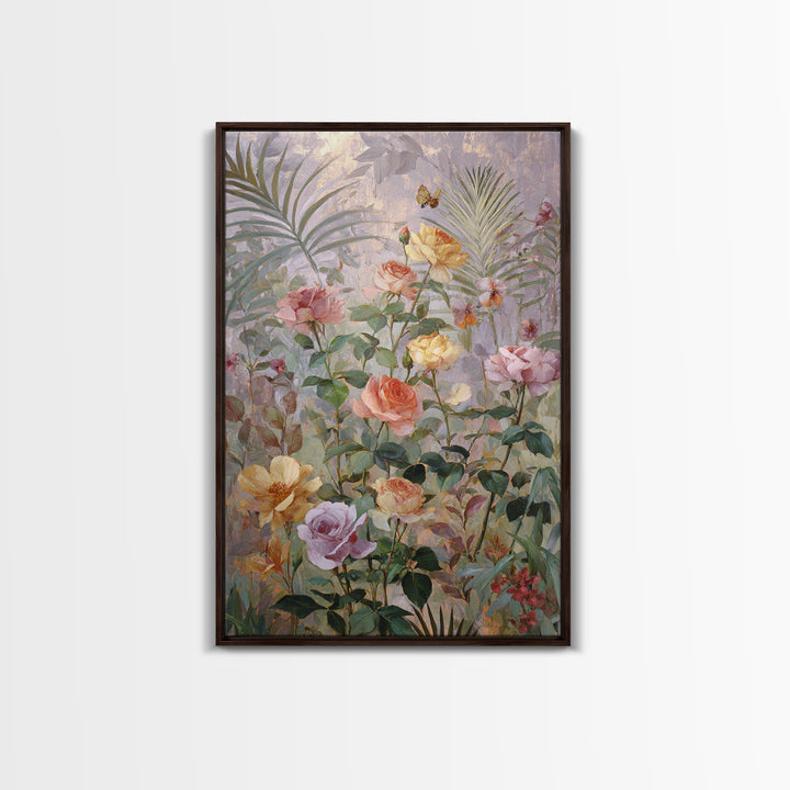 Lush Garden Wall of Roses Palms and Framed Canvas Print, Maximalist Art, Wall Decor, Living Room Decor, Fine Art, Maximal, MAX-2x3-46