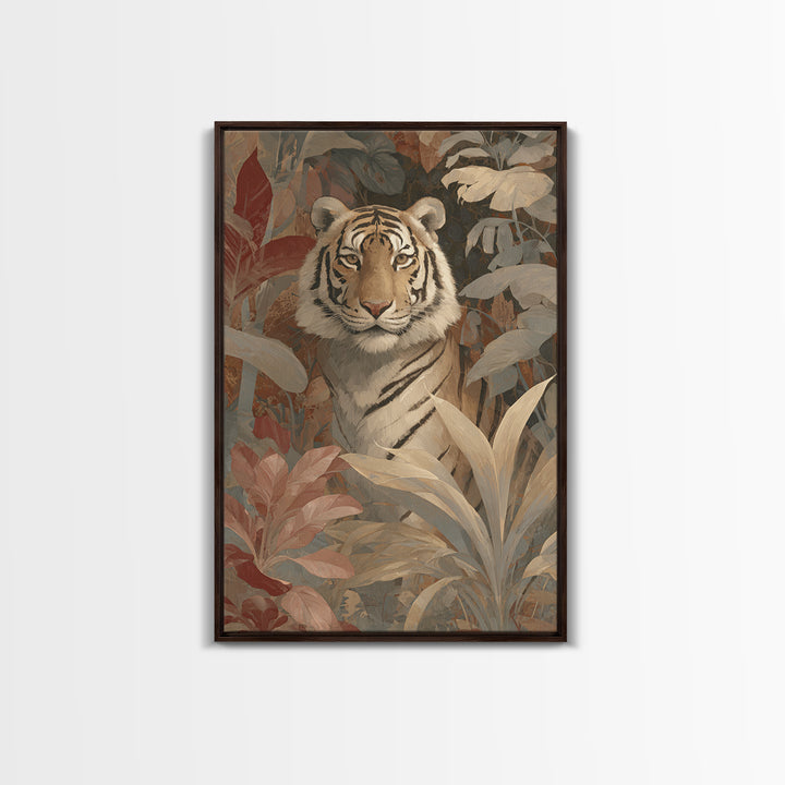 Bold Patterned Tiger Surrounded by Tropical Leaves Canvas Print, Maximalist Art, Art Nouveau, Living Room Decor, Maximal, MAX-2x3-58