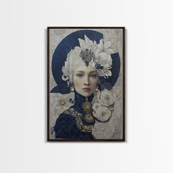 Ornate Portrait with Layered Textiles and Jewels Framed Canvas Print, Maximalist Art, Modern Decor, Living Room Decor, Maximal, MAX-2x3-84