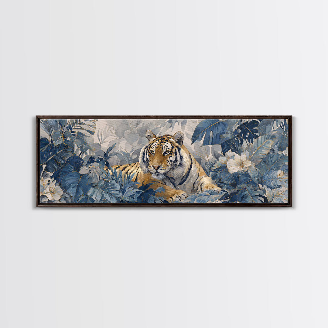 Bold Patterned Tiger Surrounded by Tropical Leaves Canvas Print, Maximalist Art, Playroom Decor, Living Room Decor, Maximal, MAX-3x1-90