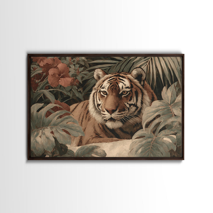 Bold Patterned Tiger Surrounded by Tropical Leaves Canvas Print, Maximalist Art, Modern Wall Art, Living Room Decor, Maximal, MAX-3x2-30