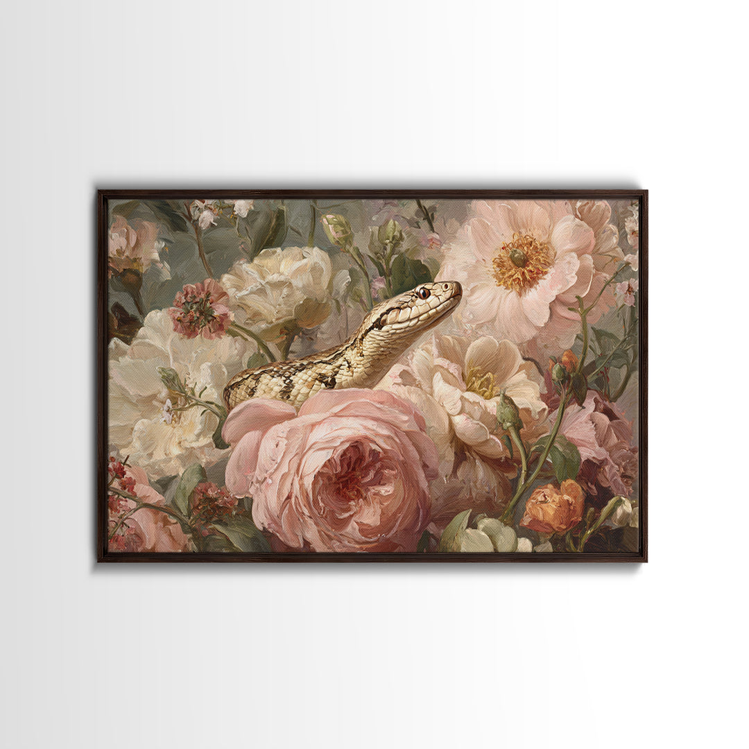 Highly Patterned Snake and Flower Composition Framed Canvas Print, Maximalist Art, Trendy Wall Art, Living Room Decor, Maximal, MAX-3x2-41