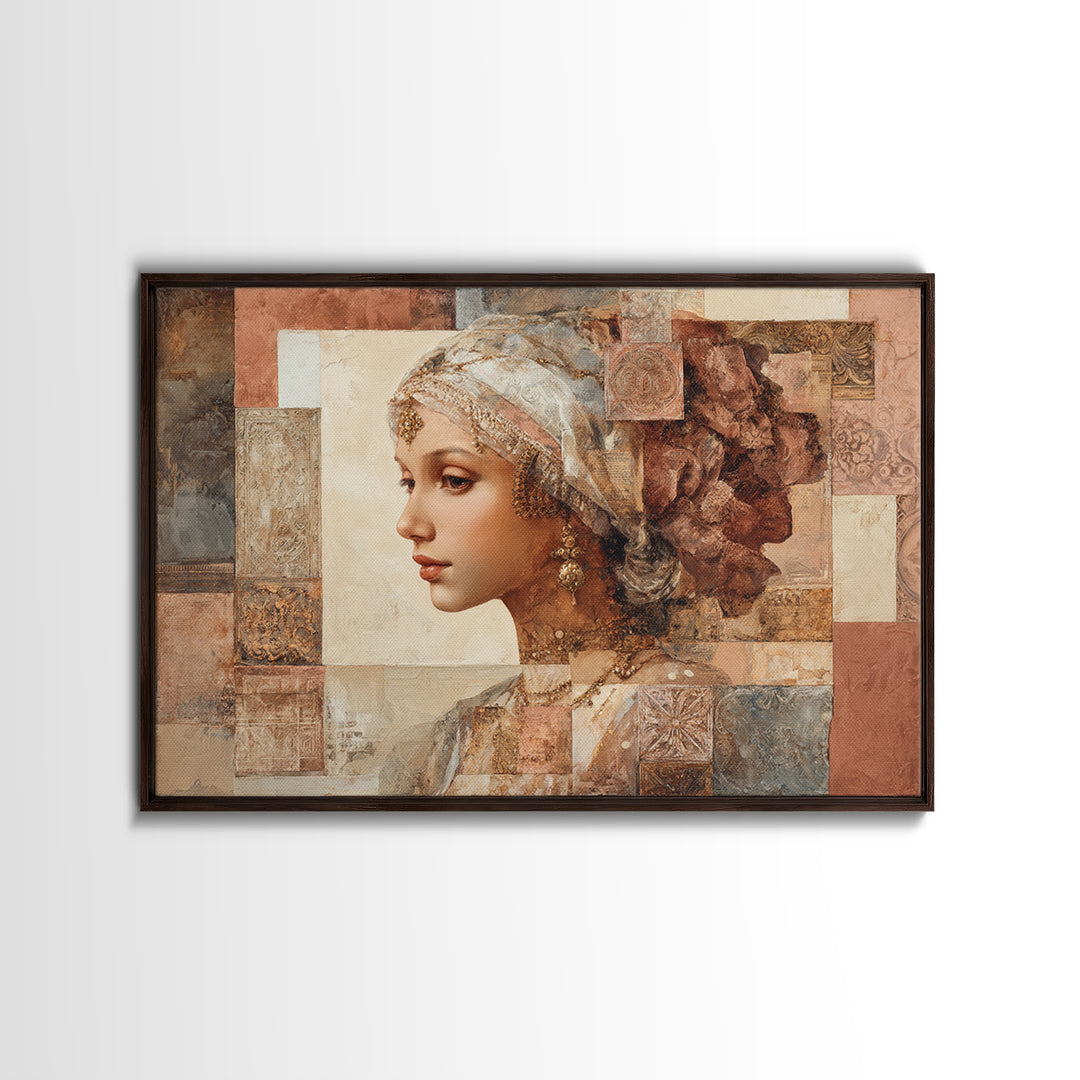 Ornate Portrait with Layered Textiles and Jewels Framed Canvas Print, Maximalist Art, Home Decor, Living Room Decor, Maximal, MAX-3x2-80