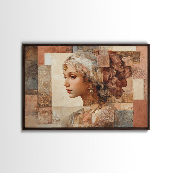 Ornate Portrait with Layered Textiles and Jewels Framed Canvas Print, Maximalist Art, Home Decor, Living Room Decor, Maximal, MAX-3x2-80