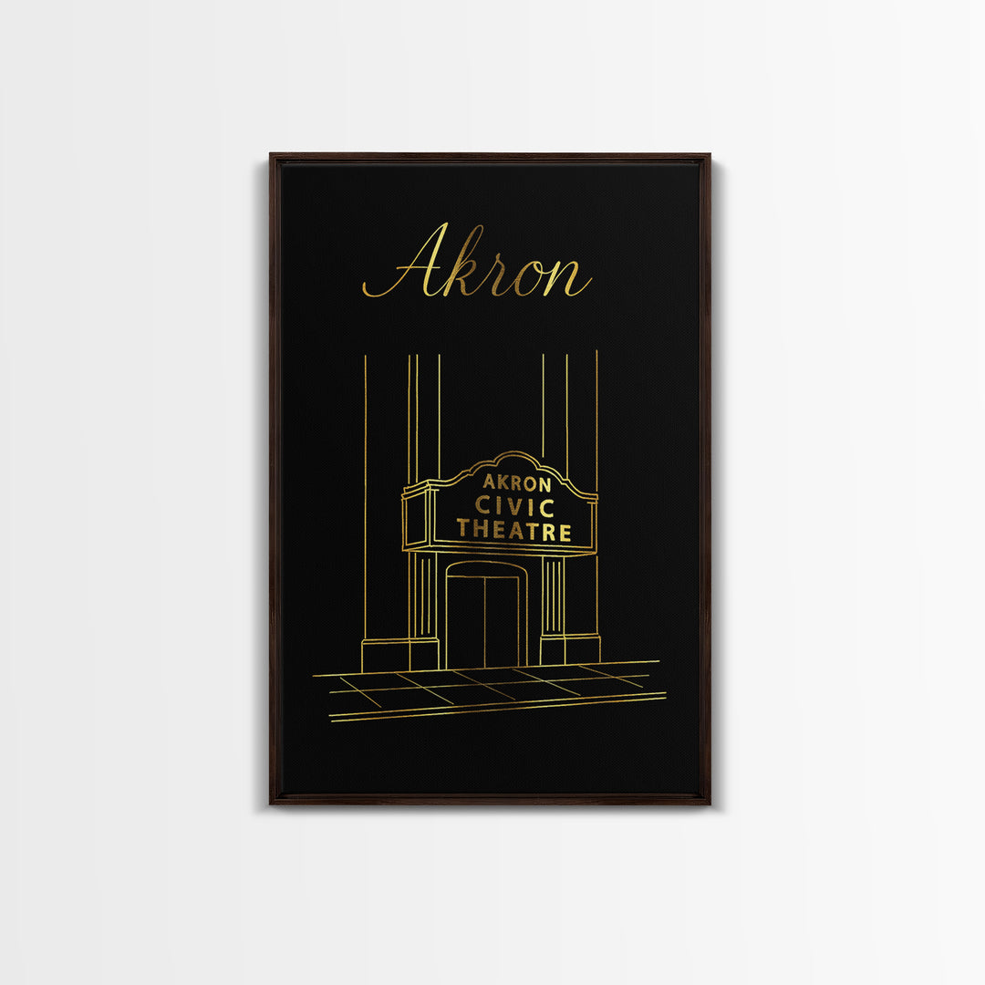 Akron Ohio Travel Poster, Canvas Print, Gold Outline Poster Art, Akron Poster Print, Modern Wall Decor, City Illustration, Travel Decor