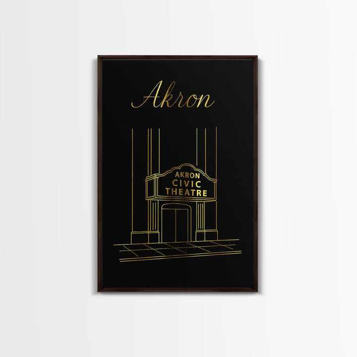 Akron Ohio Travel Poster, Canvas Print, Gold Outline Poster Art, Akron Poster Print, Modern Wall Decor, City Illustration, Travel Decor