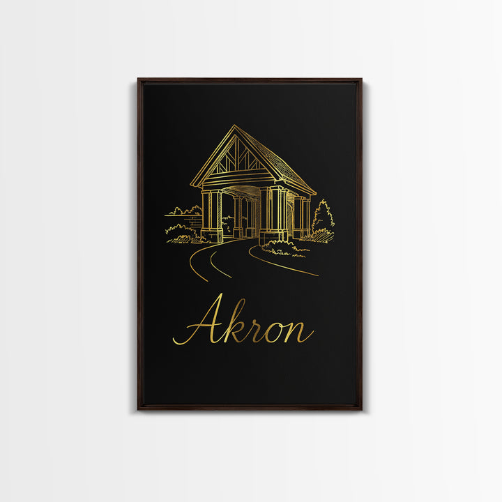 Akron Travel Poster, Framed Canvas Print, Minimalist Gold Line Art, Akron Travel Art, Travel Art Print, Retro Travel Print, Fine Art Print