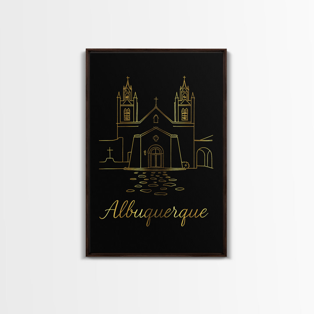 Albuquerque Travel Poster, Framed Canvas Print, Gold Outline Poster Art, Albuquerque Travel Art, Travel Wall Art, Wanderlust Decor