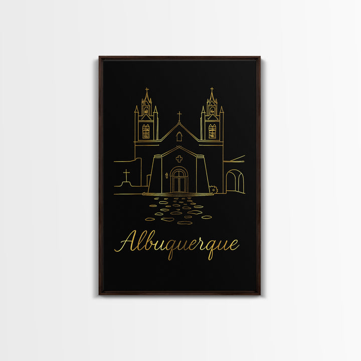 Albuquerque Travel Poster, Framed Canvas Print, Gold Outline Poster Art, Albuquerque Travel Art, Travel Wall Art, Wanderlust Decor