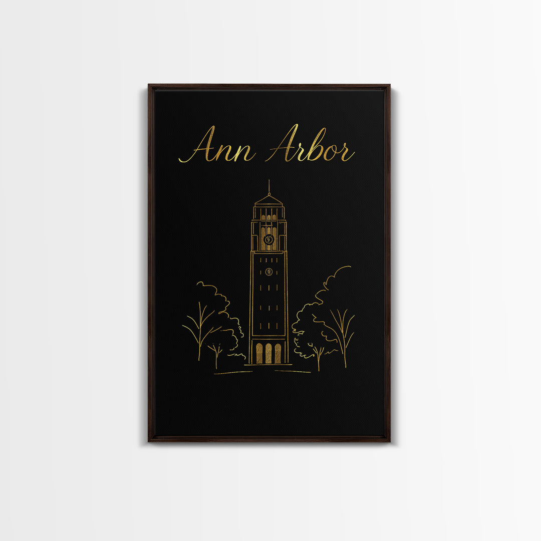 Ann Arbor Michigan Travel Poster, Canvas Print, Minimalist Gold Line Art, Ann Arbor Art Print, Art Print, Wall Decor, City Travel Prints