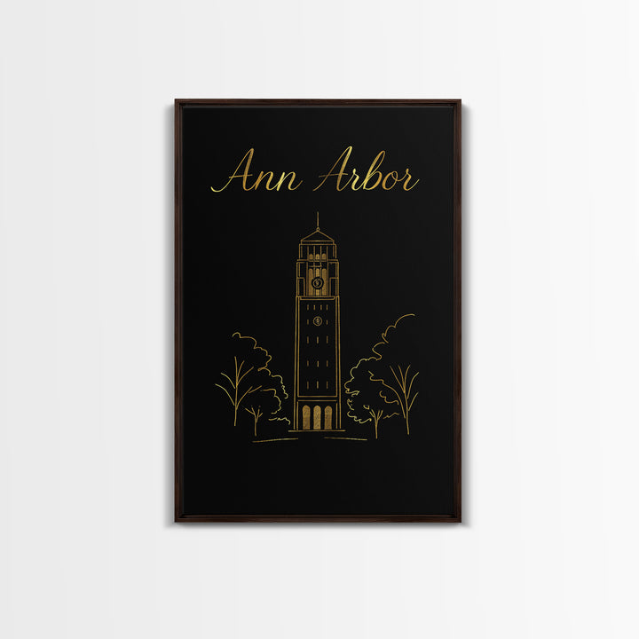 Ann Arbor Michigan Travel Poster, Canvas Print, Minimalist Gold Line Art, Ann Arbor Art Print, Art Print, Wall Decor, City Travel Prints