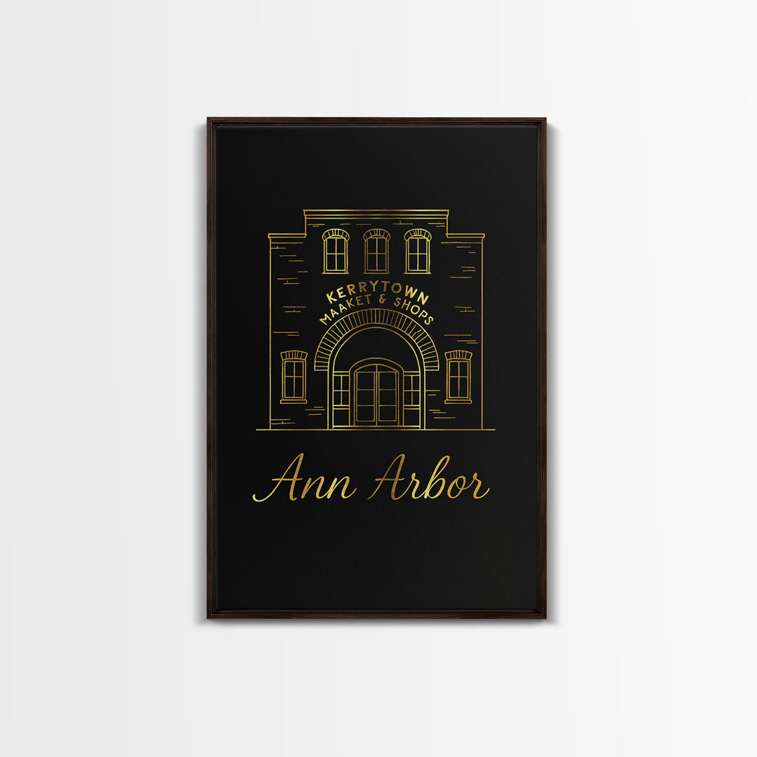 Ann Arbor Travel Poster, Framed Canvas Print, Minimalist Gold Line Art, Ann Arbor Wall Art, Retro Travel Print, Travel Wall Decor