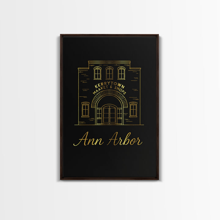 Ann Arbor Travel Poster, Framed Canvas Print, Minimalist Gold Line Art, Ann Arbor Wall Art, Retro Travel Print, Travel Wall Decor