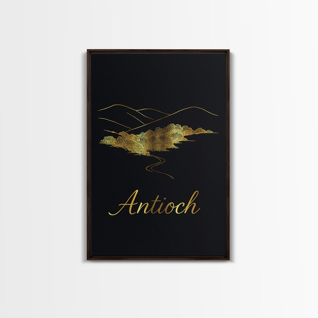 Antioch Travel Poster, Framed Canvas Print, Minimalist Gold Line Art, Antioch Poster Print, Retro Travel Print, Vintage City Art
