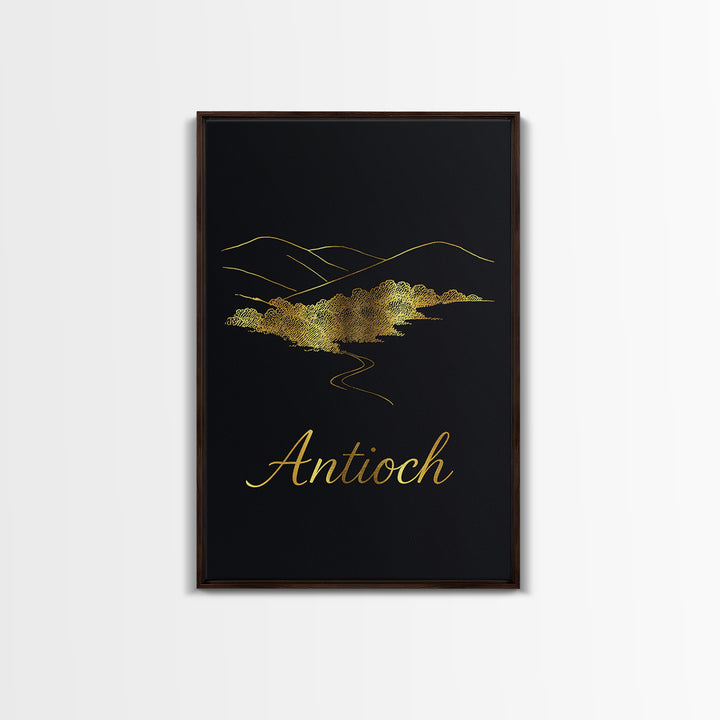 Antioch Travel Poster, Framed Canvas Print, Minimalist Gold Line Art, Antioch Poster Print, Retro Travel Print, Vintage City Art