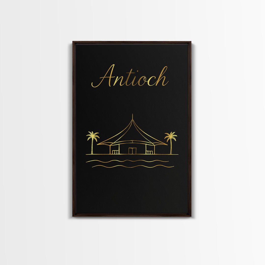 Antioch Travel Poster, Canvas Print, Gold Outline Poster Art, Antioch Travel Art, Watercolor Urban Skyline, Mid Century Wall Art, Home Decor