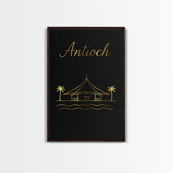 Antioch Travel Poster, Canvas Print, Gold Outline Poster Art, Antioch Travel Art, Watercolor Urban Skyline, Mid Century Wall Art, Home Decor