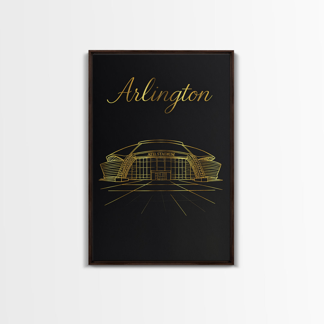 Arlington Texas Travel Poster, Framed Canvas Print, Minimalist Gold Line Art, Arlington Poster Print, Gift For Travelers, Retro Travel Print