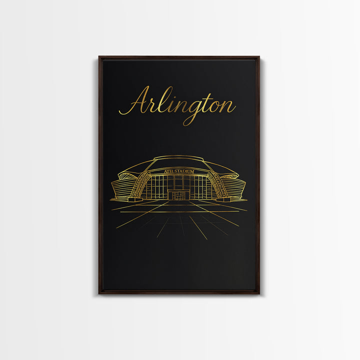 Arlington Texas Travel Poster, Framed Canvas Print, Minimalist Gold Line Art, Arlington Poster Print, Gift For Travelers, Retro Travel Print