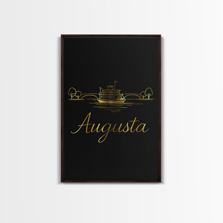Augusta Travel Poster, Canvas Print, Gold Outline Poster Art, Augusta Travel Art, Retro Travel Print, City Art, Watercolor Skyline Art