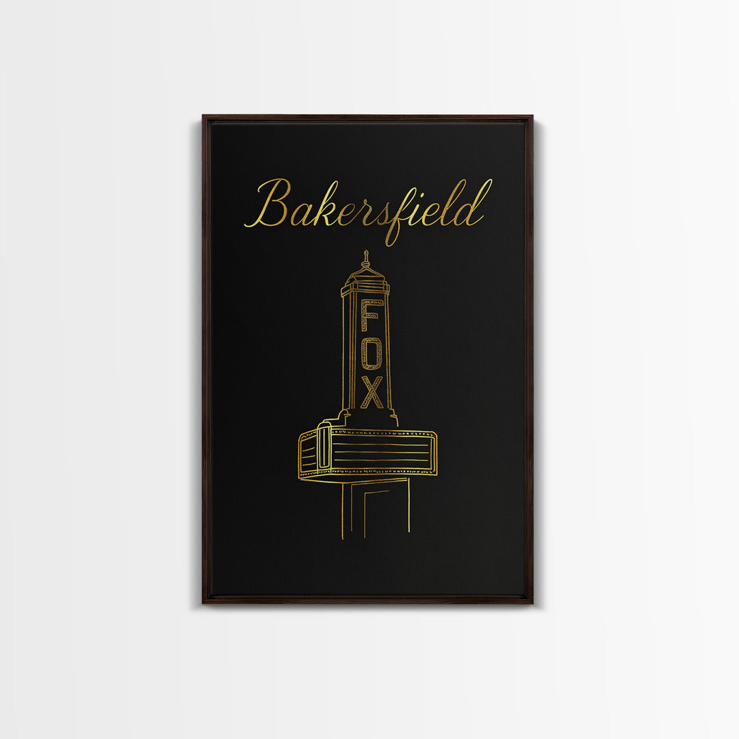 Bakersfield California Travel Poster, Canvas Print, Minimalist Gold Line Art, Bakersfield Travel Art, Watercolor Downtown Skyline