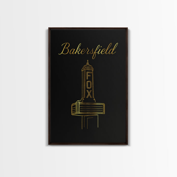 Bakersfield California Travel Poster, Canvas Print, Minimalist Gold Line Art, Bakersfield Travel Art, Watercolor Downtown Skyline