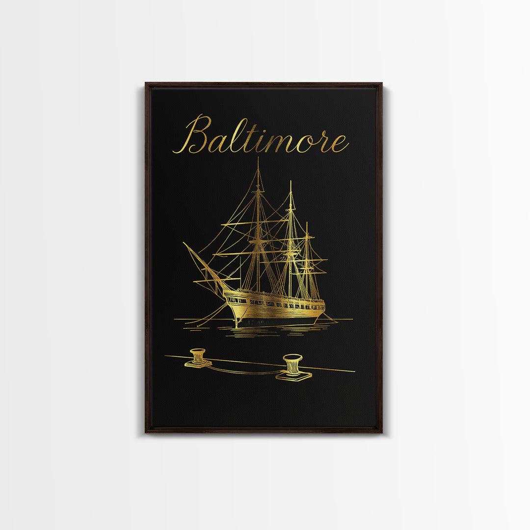 Baltimore Travel Poster, Canvas Print, Black Gold Minimalist Art, Baltimore Travel Art, Living Room Wall Art, Retro Travel Print