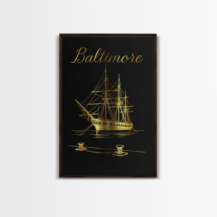 Baltimore Travel Poster, Canvas Print, Black Gold Minimalist Art, Baltimore Travel Art, Living Room Wall Art, Retro Travel Print