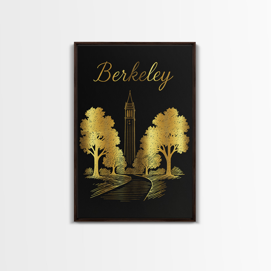 Berkeley Travel Poster, Framed Canvas Print, Minimalist Gold Line Art, Berkeley Wall Art, Watercolor Skyline, Living Room Wall Art