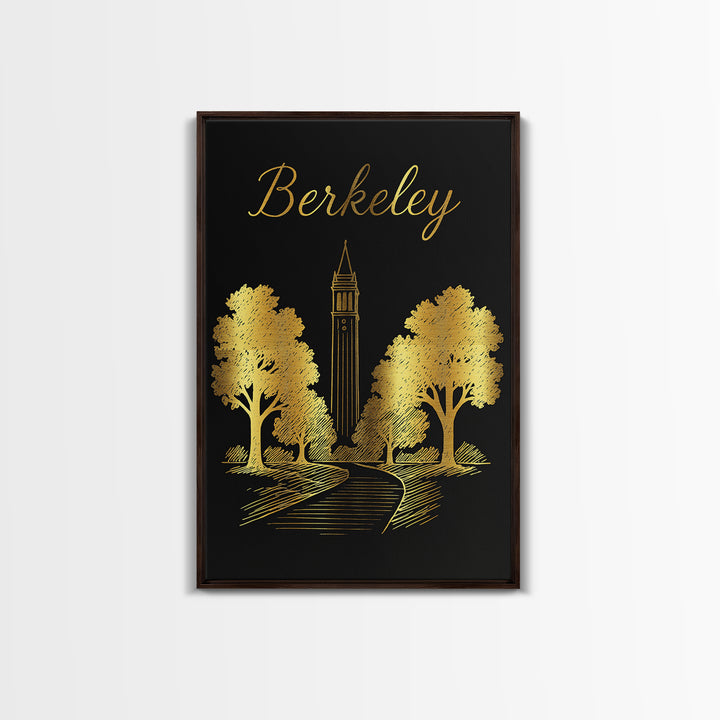 Berkeley Travel Poster, Framed Canvas Print, Minimalist Gold Line Art, Berkeley Wall Art, Watercolor Skyline, Living Room Wall Art