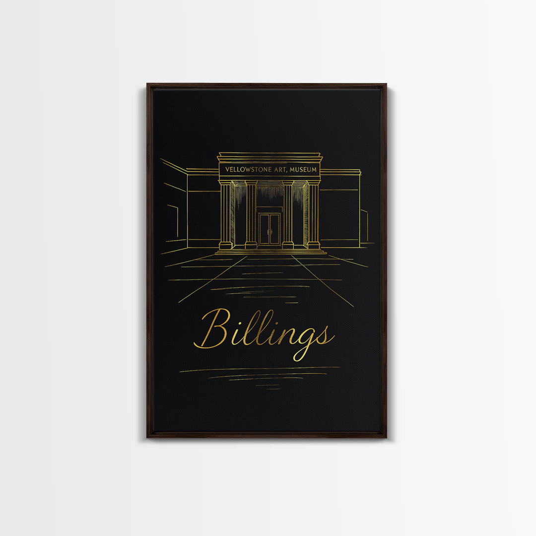 Billings Travel Poster, Framed Canvas Print, Black Gold Minimalist Art, Billings Wall Art, Retro Travel Print, Vintage City Art