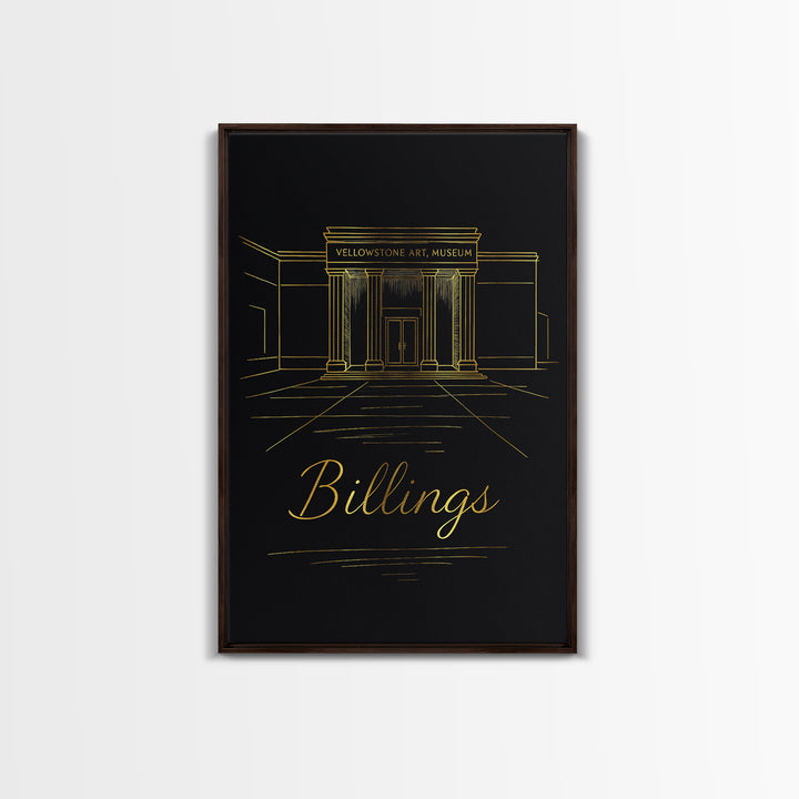 Billings Travel Poster, Framed Canvas Print, Black Gold Minimalist Art, Billings Wall Art, Retro Travel Print, Vintage City Art