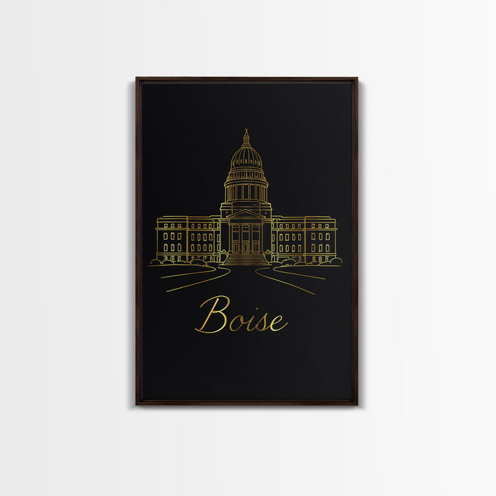 Boise Idaho Travel Poster, Canvas Print, Minimalist Gold Line Art, Boise Travel Art, Wall Art, Mid Century Wall Art, Wanderlust Decor