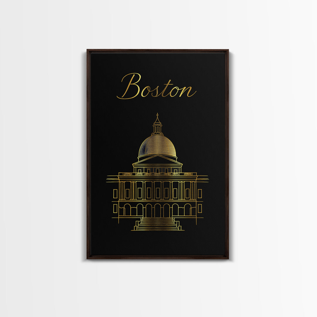 Boston Massachusetts Travel Poster, Canvas Print, Minimalist Gold Line Art, Boston City Art, Fine Art Print, Wall Art, Travel Gift