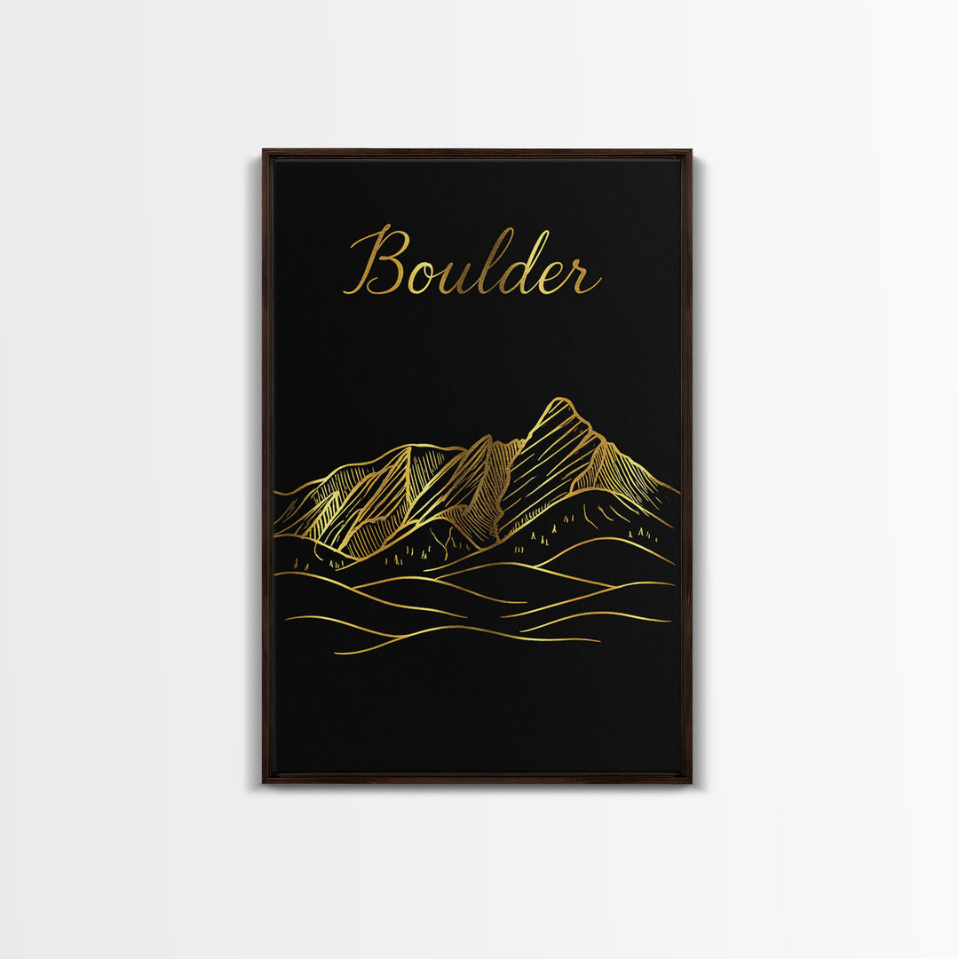 Boulder Travel Poster, Canvas Print, Gold Outline Poster Art, Boulder Art Print, Travel Wall Decor, Home Office Decor, Eclectic Wall Decor