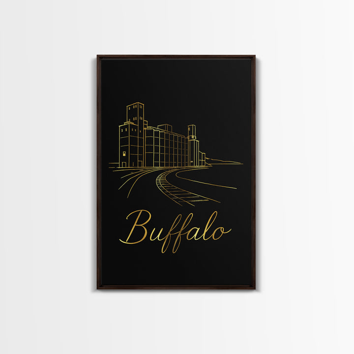 Buffalo Travel Poster, Framed Canvas Print, Gold Outline Poster Art, Buffalo City Art, Mid Century Wall Art, Travel Poster Set