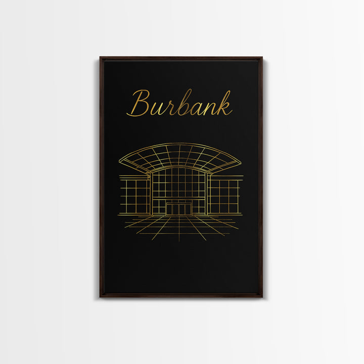 Burbank California Travel Poster, Framed Canvas Print, Gold Outline Poster Art, Burbank Poster Print, Travel Wall Art, Living Room Wall Art