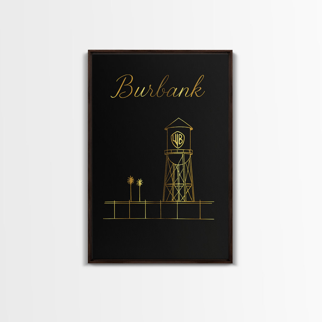 Burbank Travel Poster, Framed Canvas Print, Gold Outline Poster Art, Burbank Wall Art, Vintage City Poster, Retro Travel Print