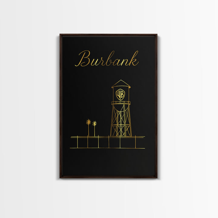 Burbank Travel Poster, Framed Canvas Print, Gold Outline Poster Art, Burbank Wall Art, Vintage City Poster, Retro Travel Print