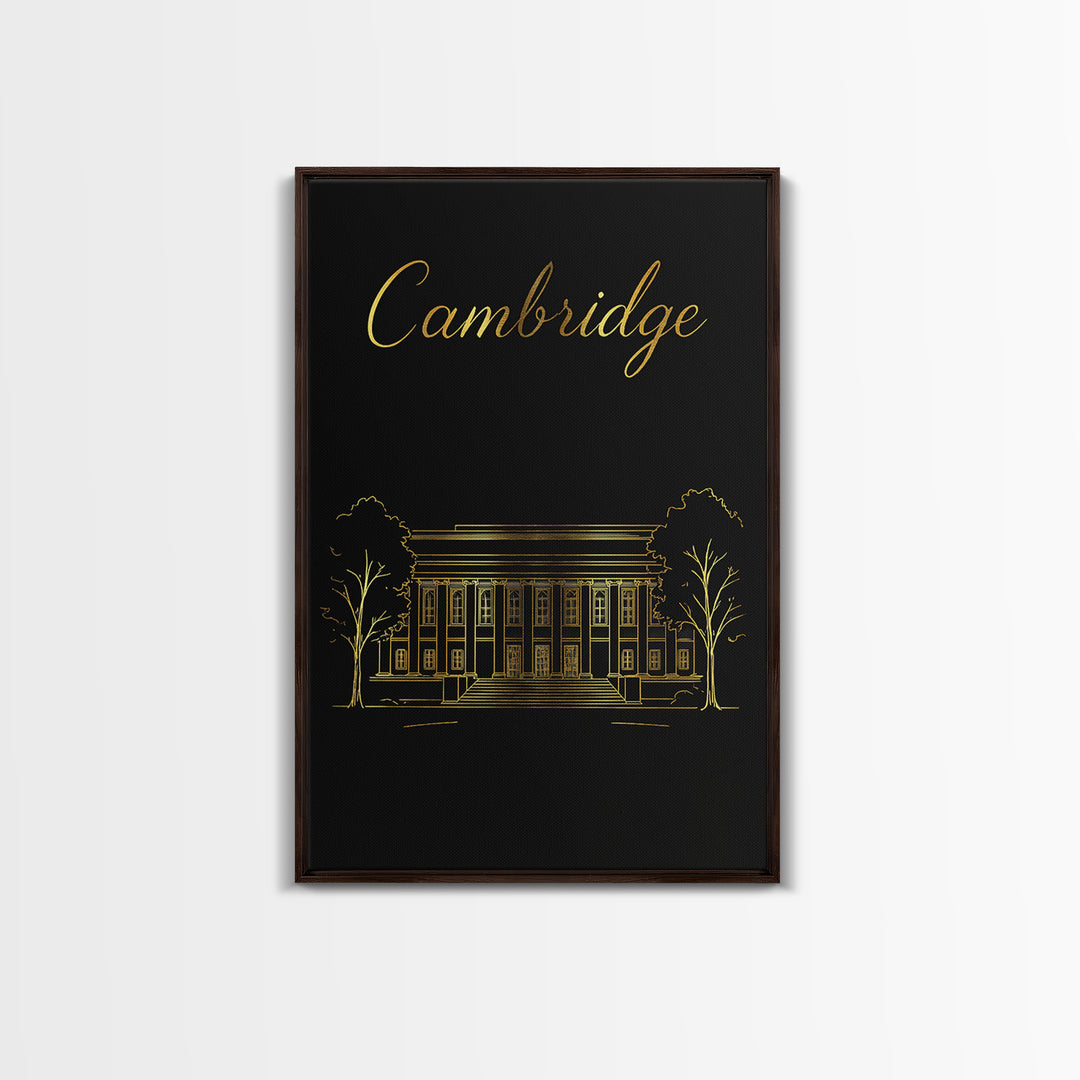 Cambridge Travel Poster, Framed Canvas Print, Black Gold Minimalist Art, Cambridge City Art, Retro Travel Print, Travel Wall Decor