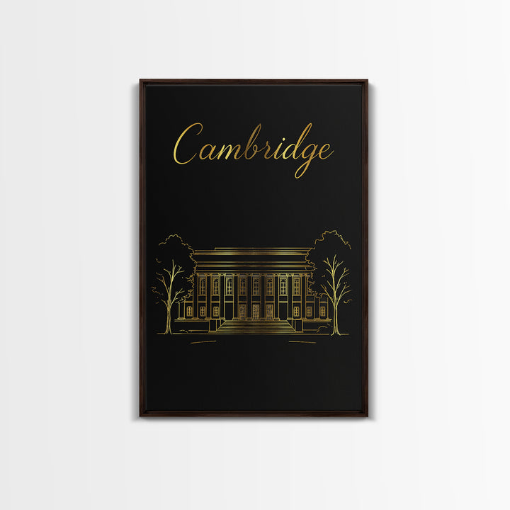 Cambridge Travel Poster, Framed Canvas Print, Black Gold Minimalist Art, Cambridge City Art, Retro Travel Print, Travel Wall Decor
