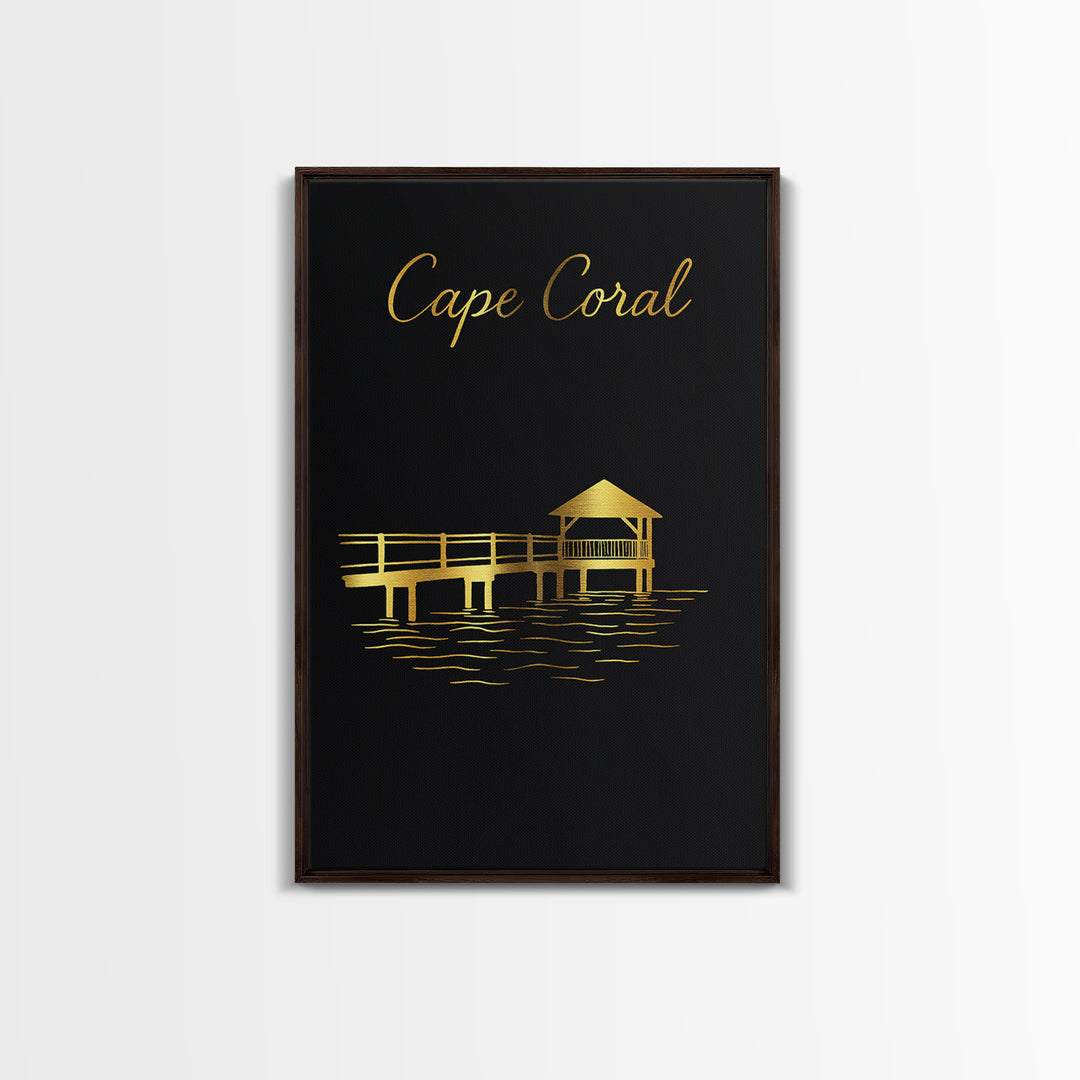 Cape Coral Florida Travel Poster, Canvas Print, Black Gold Minimalist Art, Cape Coral Poster Print, Mid Century Wall Art, Travel Wall Decor