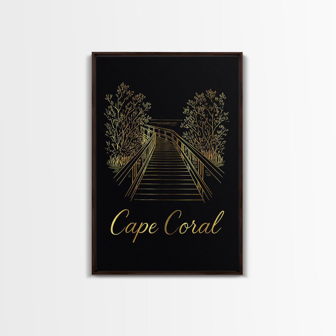 Cape Coral Travel Poster, Framed Canvas Print, Gold Outline Poster Art, Cape Coral Travel Art, Travel Wall Decor, Modern Wall Decor